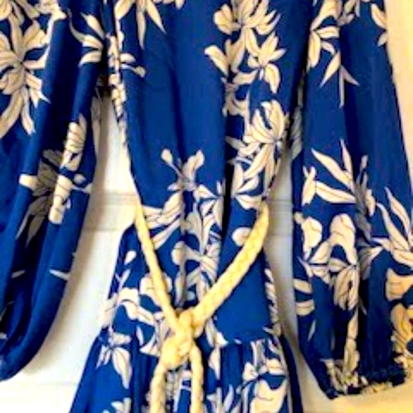 ALEXIS Silky Blue Mini Dress Floral Print Long Balloon Sleeves Rope Tie Belt S - Picture 4 of 6